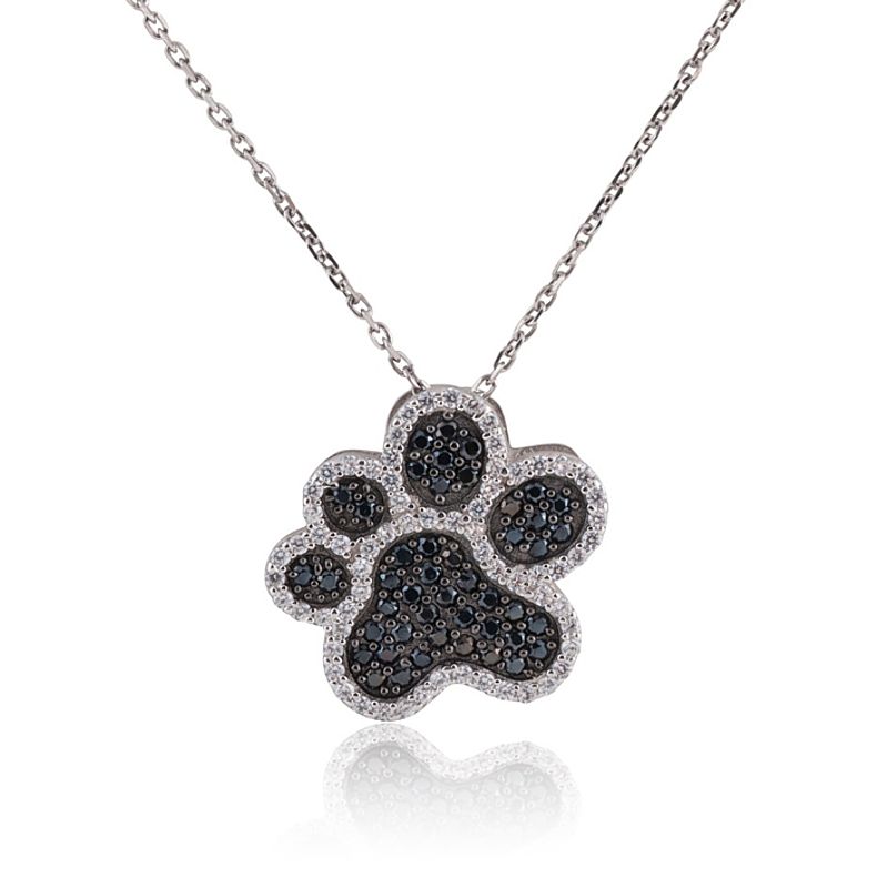 Black and White Pave CZ Paw Pendant - Sterling Silver - K-6972 - Click Image to Close